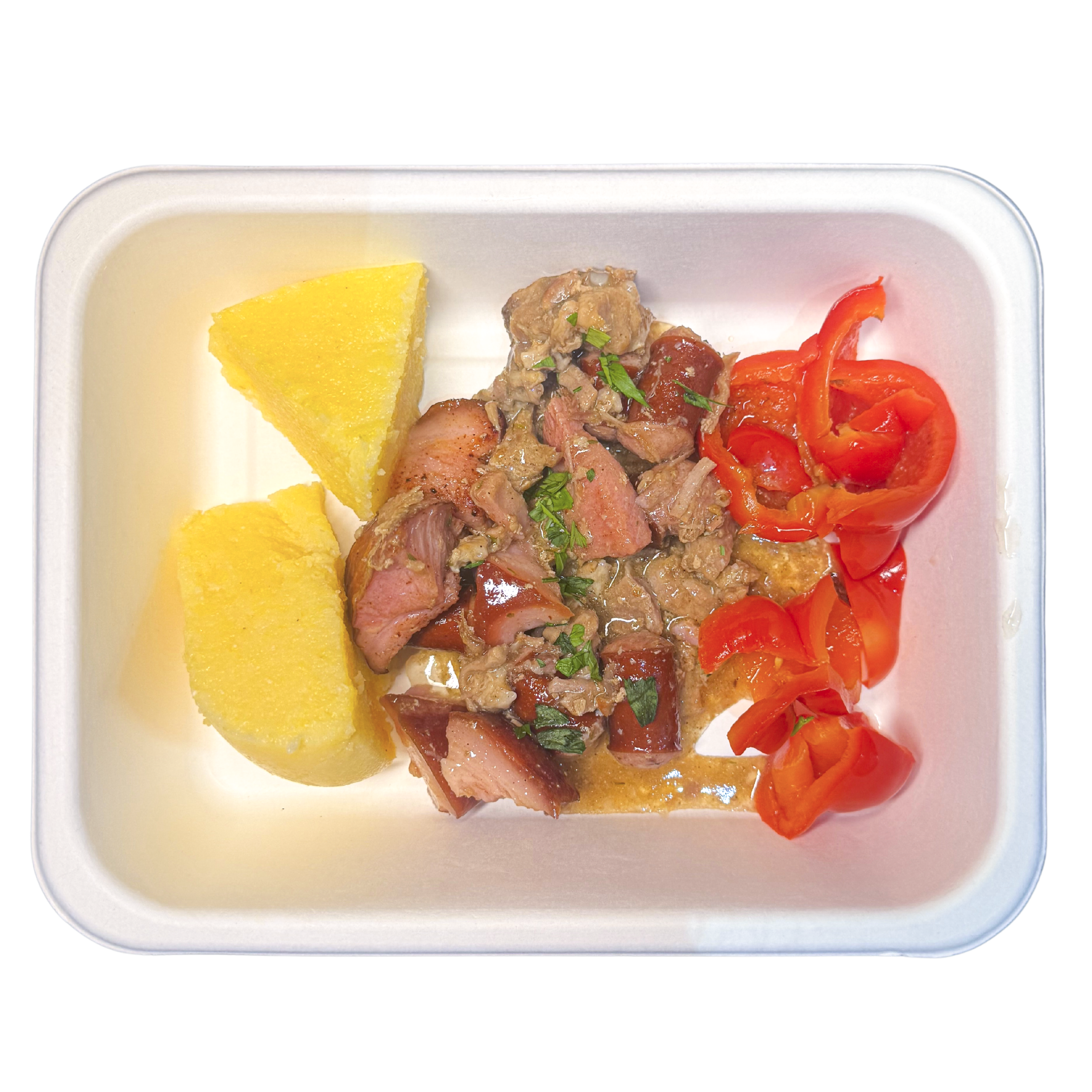 carne de porc la ceaun+mămăligă+gogoșar